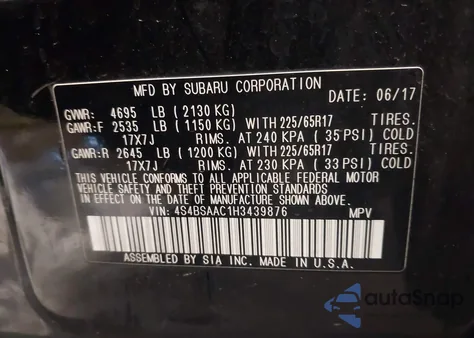 2017 Subaru Outback 2.5I из США, поврежденный, VIN 4S4BSAAC1H3439876